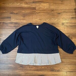 Anthropologie Maeve Blue Cropped Sweatershirt White Blue Striped Hem Women‎ XL